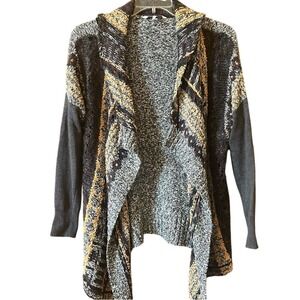 BKE Womens Mixed Knit Open Front Cardigan Grey Geometric Waterfall Sweater